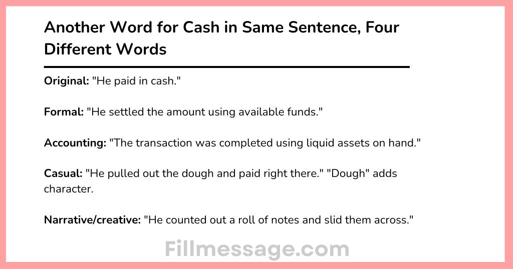 Another Word for Cash in Same Sentence, Four Different Words