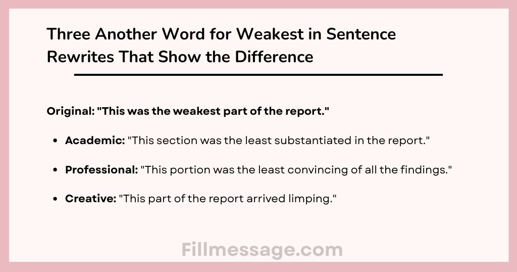 Three Another Word for Weakest in Sentence Rewrites That Show the Difference